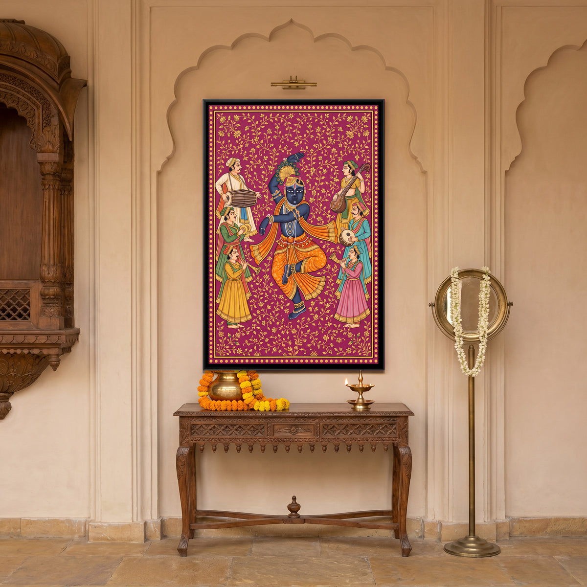 Krishna Dancing with Musicians - canvas art shown in a styled room