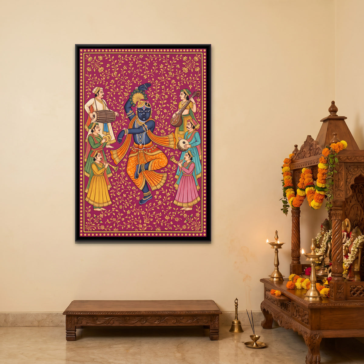 Krishna Dancing with Musicians - canvas art shown in a second room setting