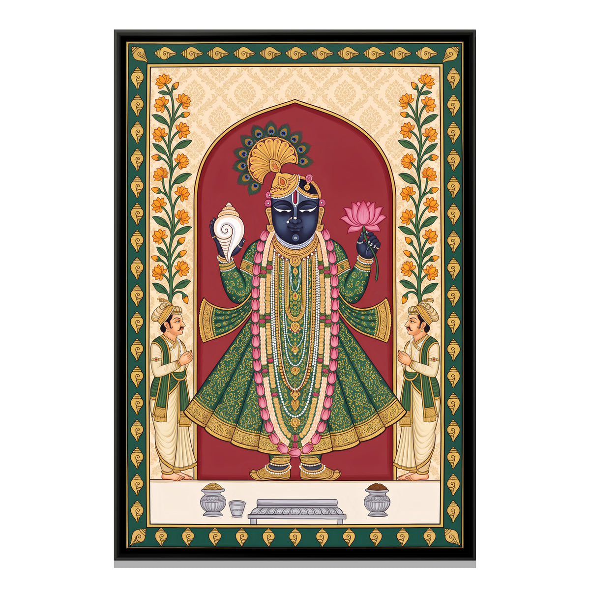 Shrinathji with a Conch - framed canvas print, front view