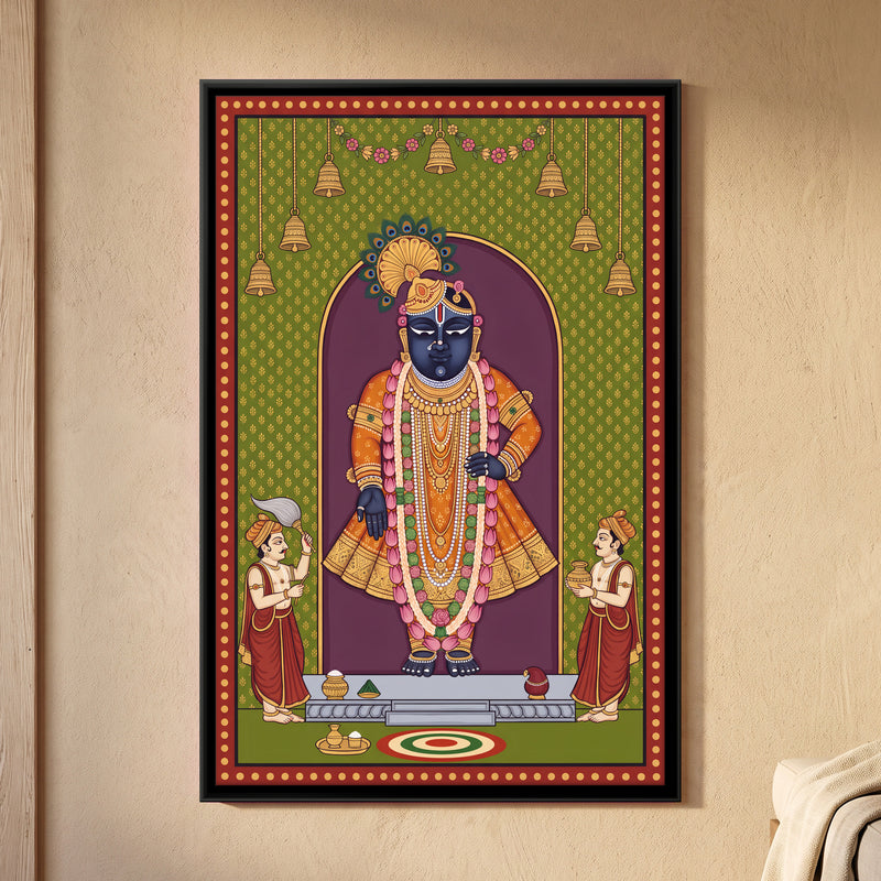 Shrinathji with Attendants - framed canvas art hung on a wall