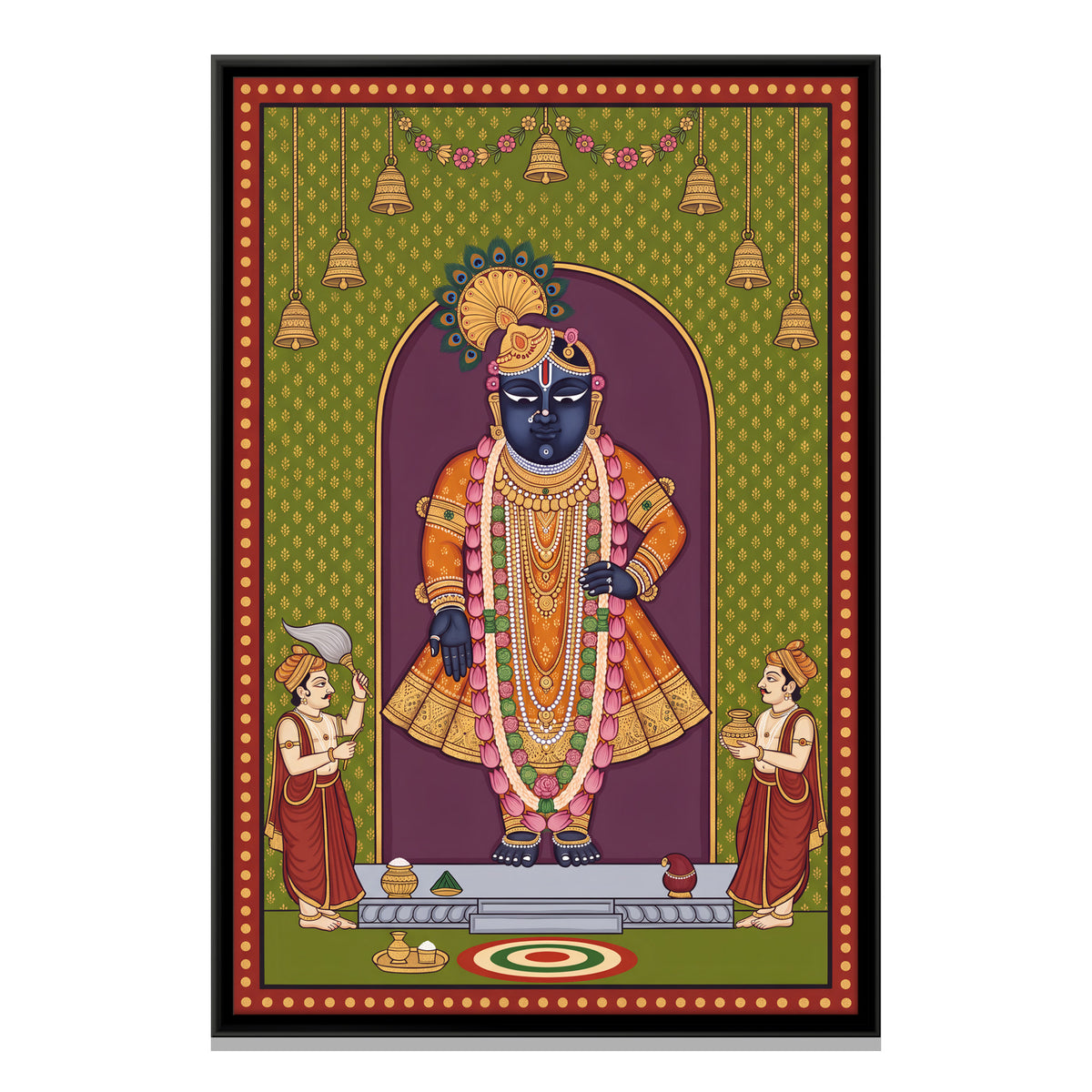 Shrinathji with Attendants - framed canvas print, front view
