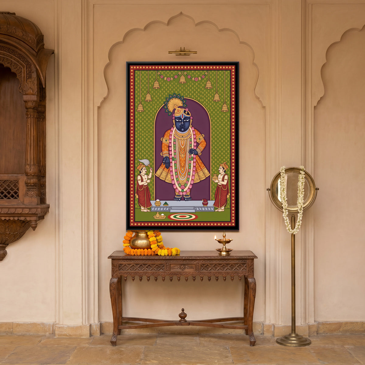 Shrinathji with Attendants - canvas art shown in a second room setting