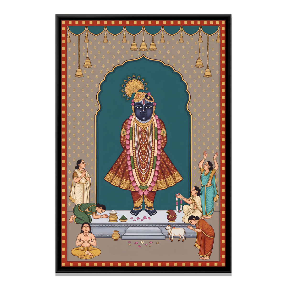 Shrinathji with Devotees - framed canvas print, front view