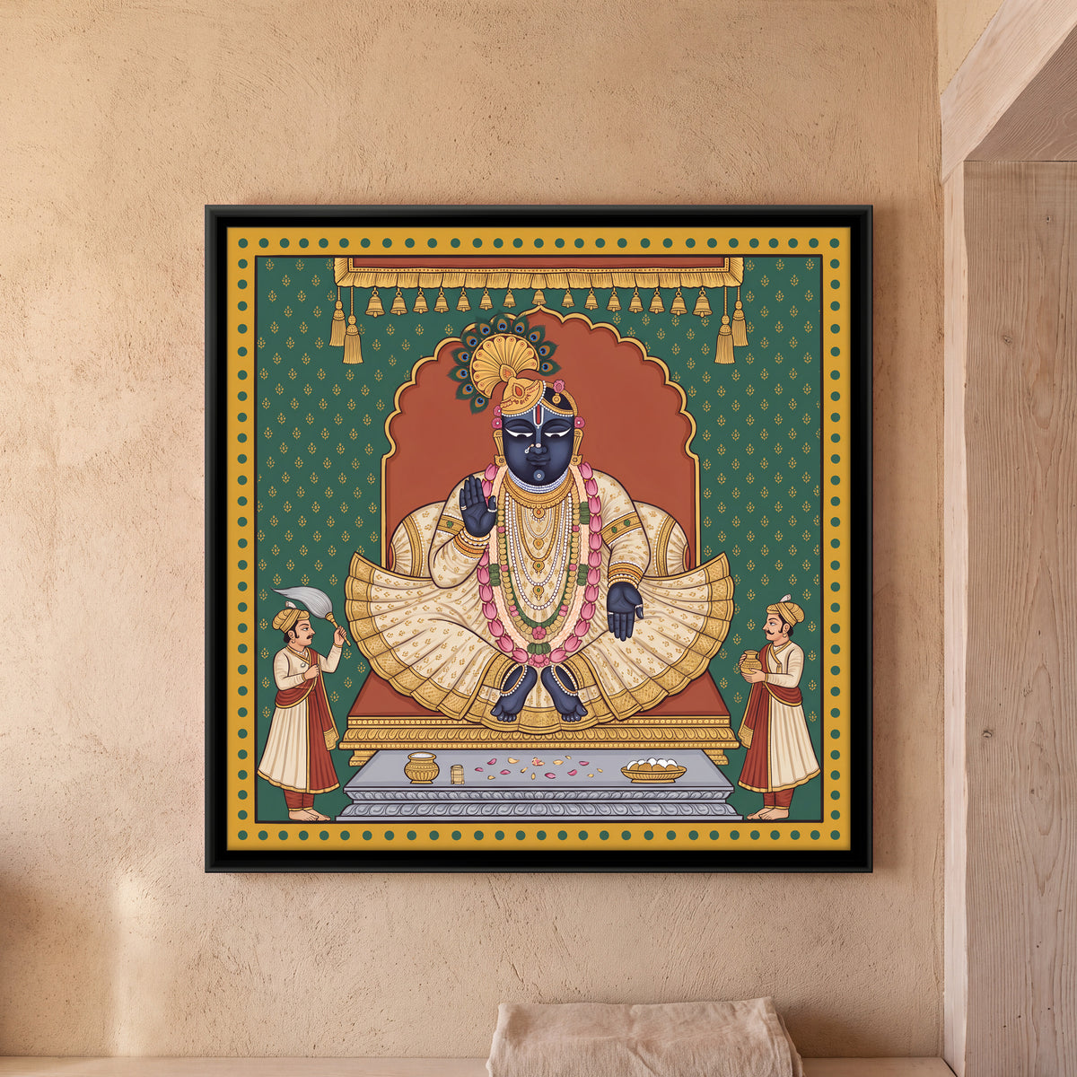Shrinathji Enthroned - framed canvas art hung on a wall