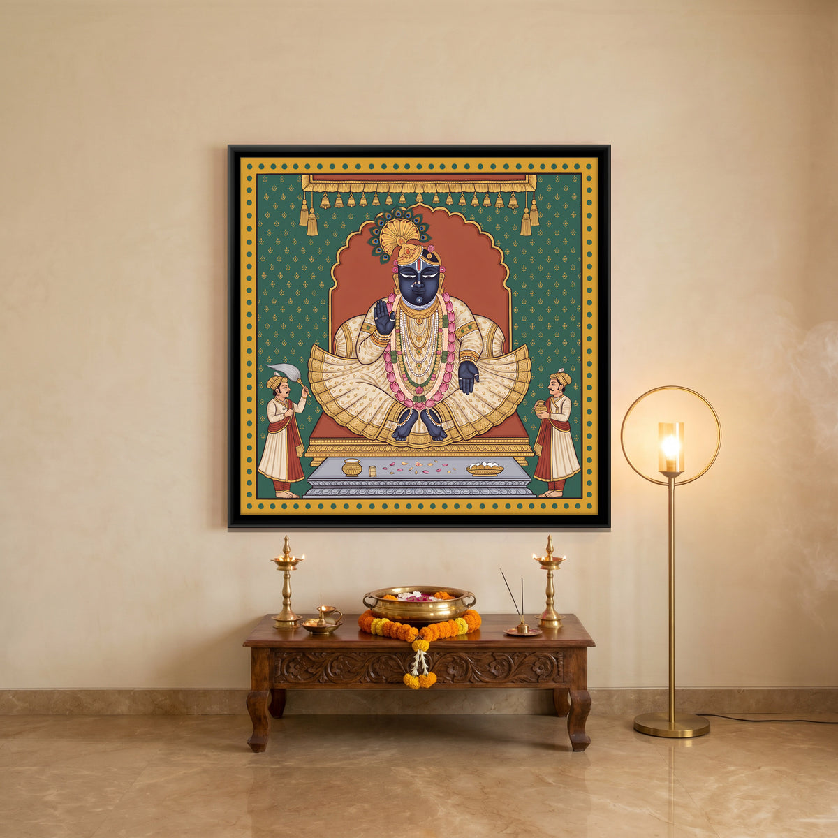 Shrinathji Enthroned - canvas art shown in a styled room