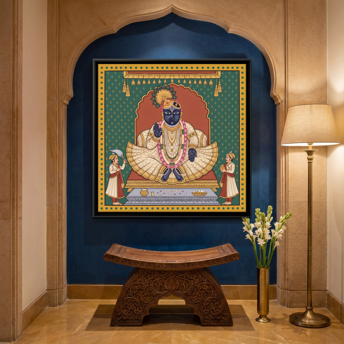 Shrinathji Enthroned - canvas art shown in a second room setting