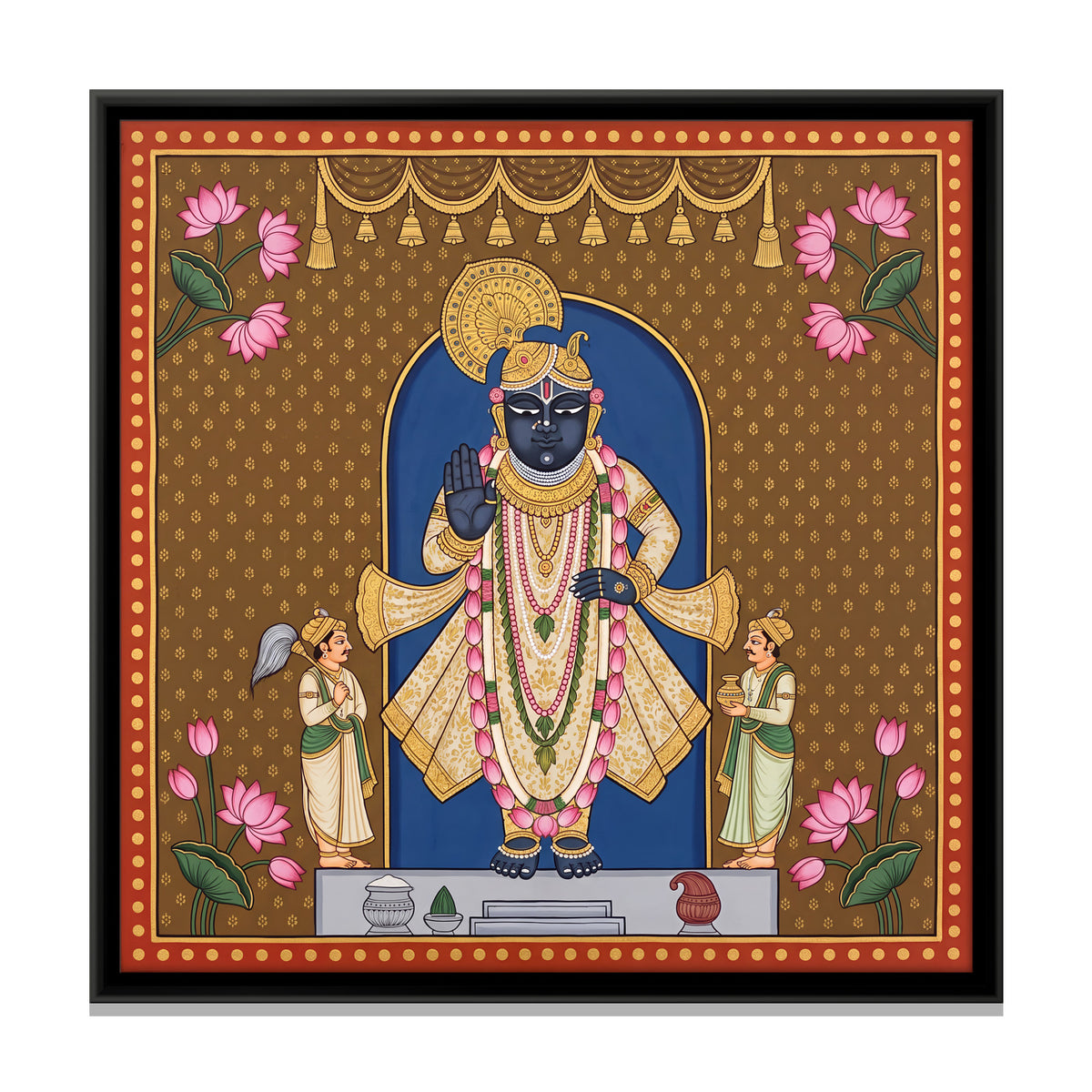 Shrinathji with Attendants - framed canvas print, front view