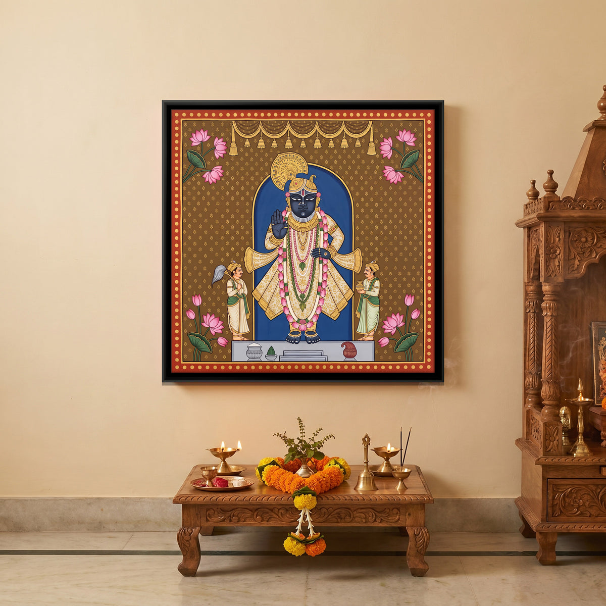 Shrinathji with Attendants - canvas art shown in a styled room