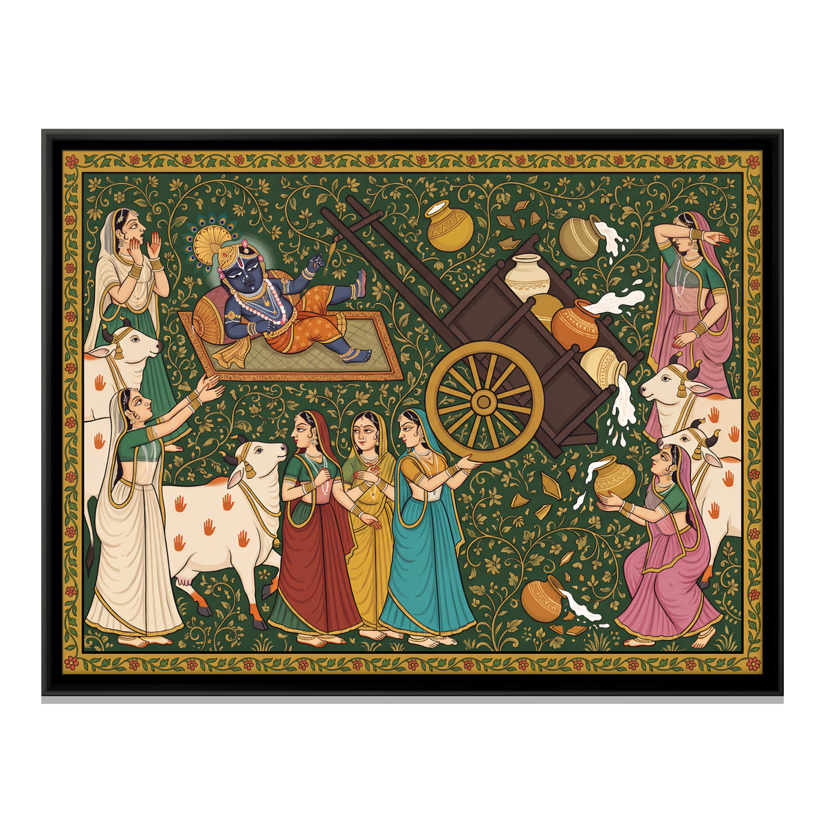Baby Krishna Overturns the Cart - framed canvas print, front view