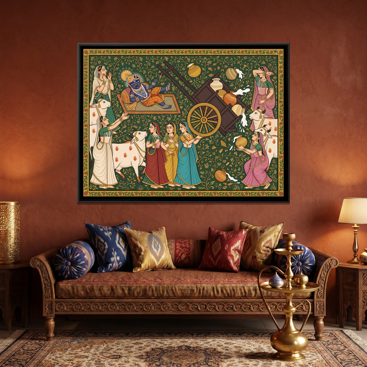 Baby Krishna Overturns the Cart - canvas art shown in a second room setting