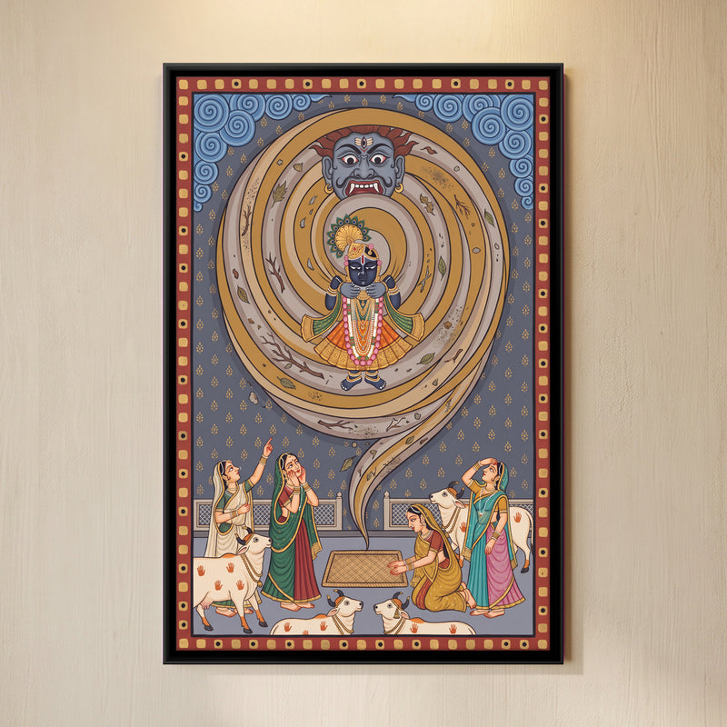 Krishna and the Whirlwind Demon - framed canvas art hung on a wall
