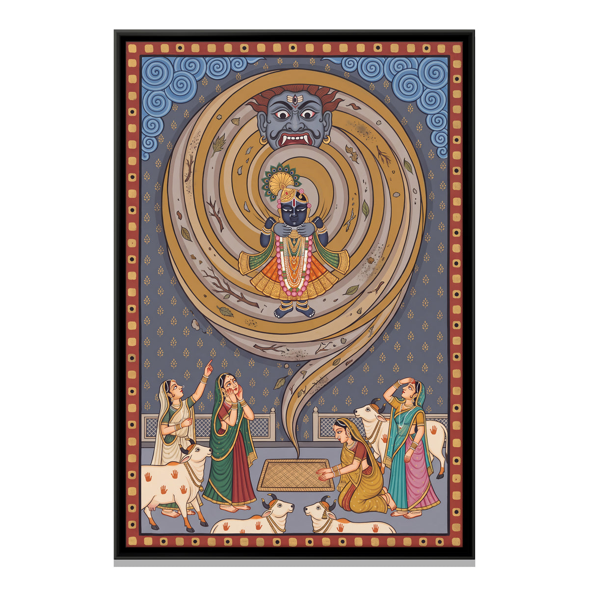 Krishna and the Whirlwind Demon - framed canvas print, front view