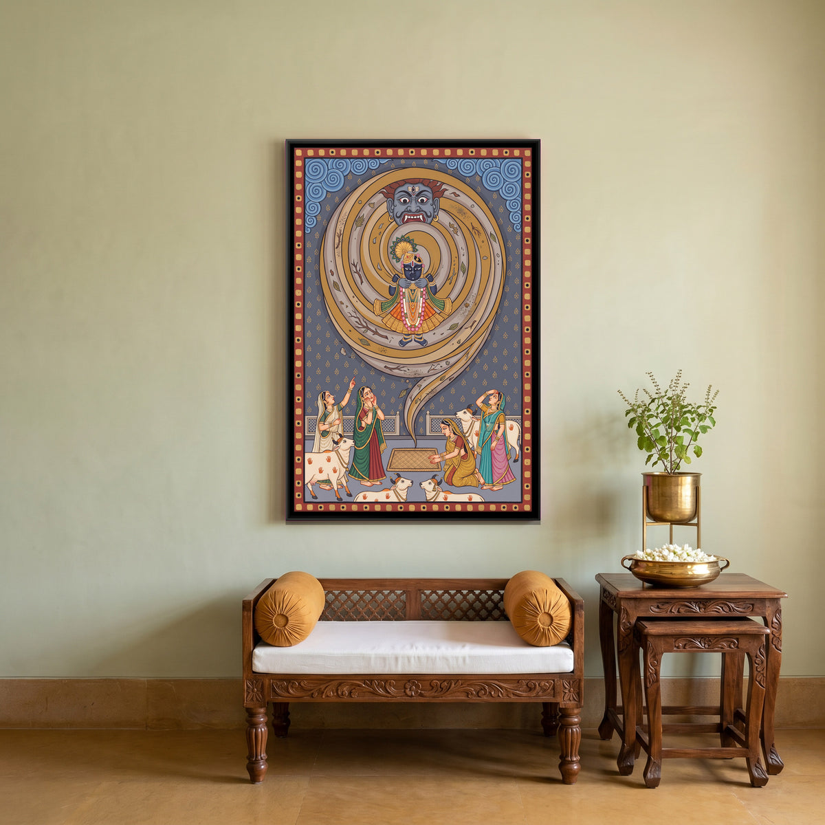Krishna and the Whirlwind Demon - canvas art shown in a styled room