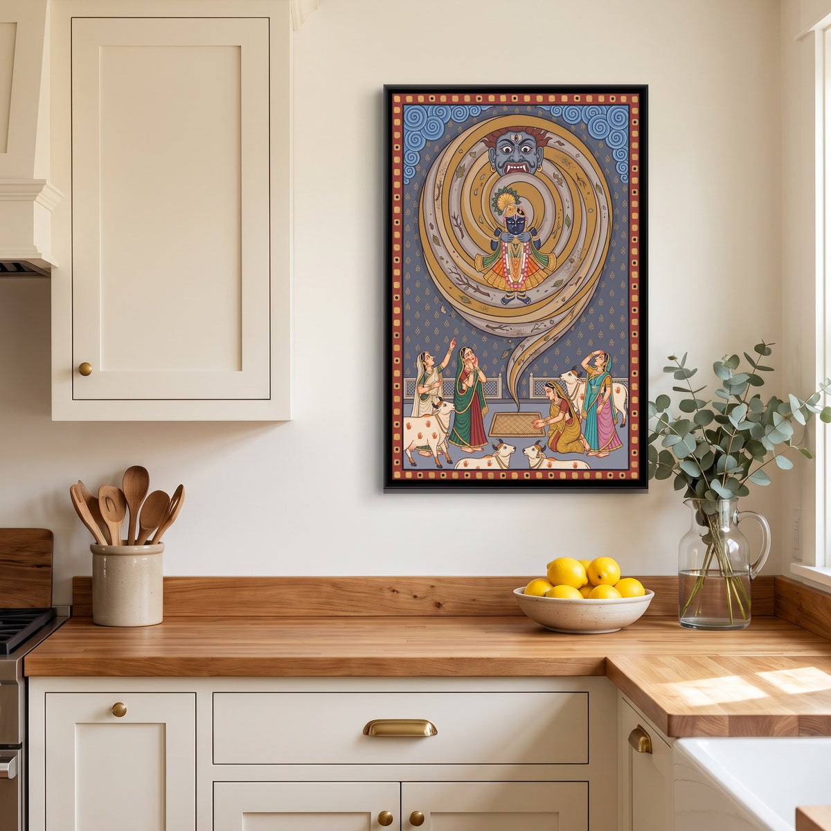 Krishna and the Whirlwind Demon - canvas art shown in a second room setting