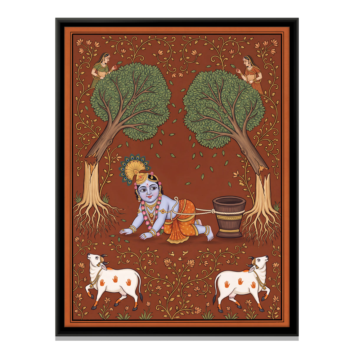 Baby Krishna and the Mortar - framed canvas print, front view