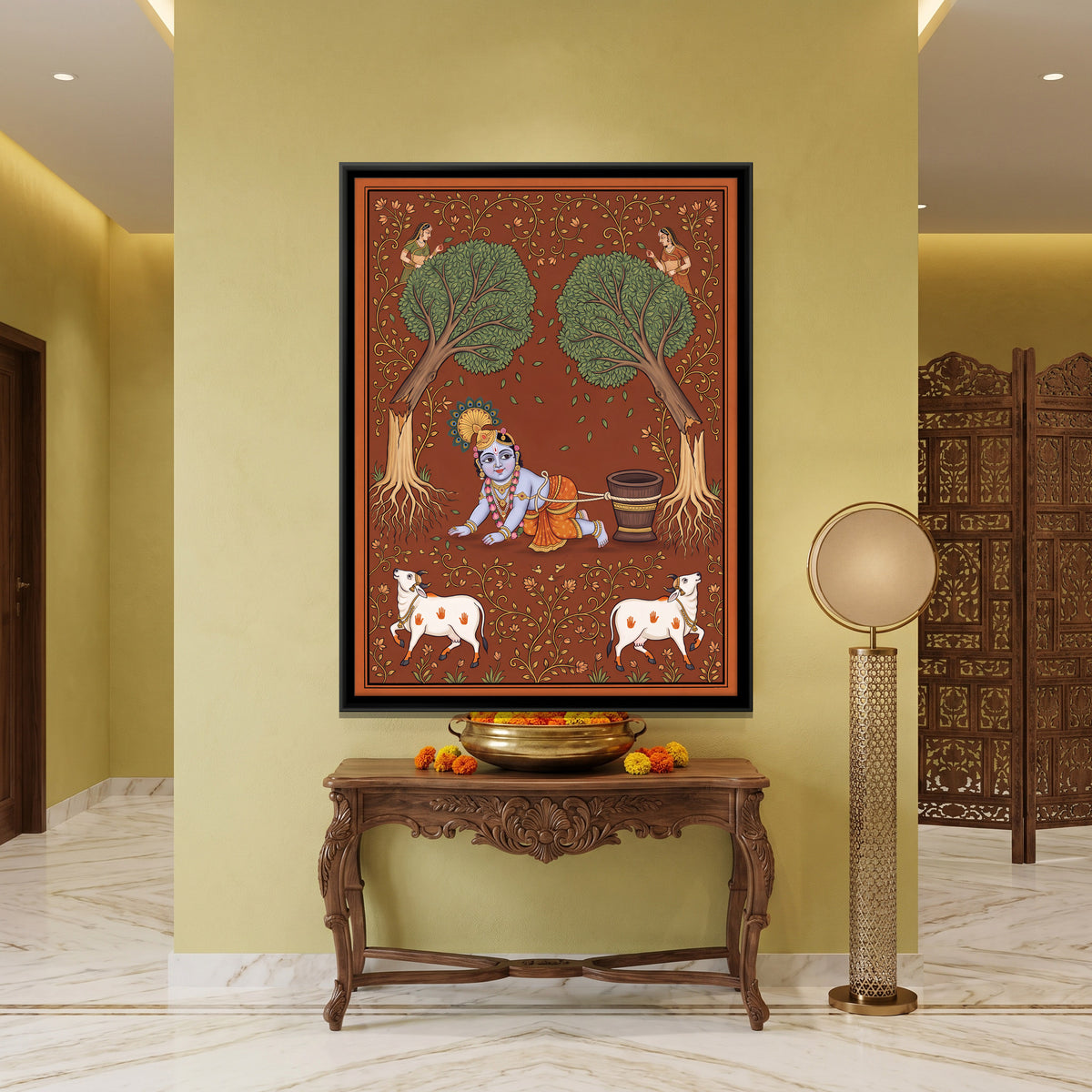 Baby Krishna and the Mortar - canvas art shown in a second room setting