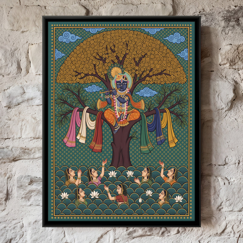 Krishna with the Gopis' Garments - framed canvas art hung on a wall