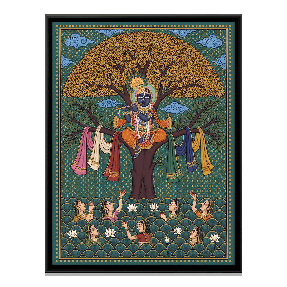 Krishna with the Gopis' Garments - framed canvas print, front view