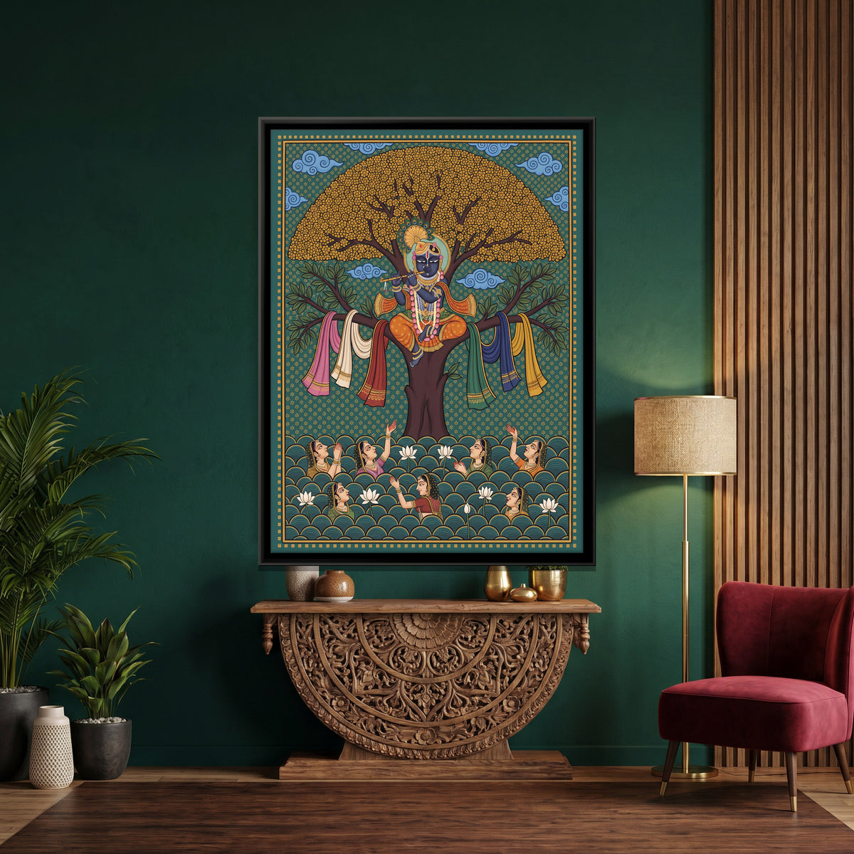Krishna with the Gopis' Garments - canvas art shown in a styled room