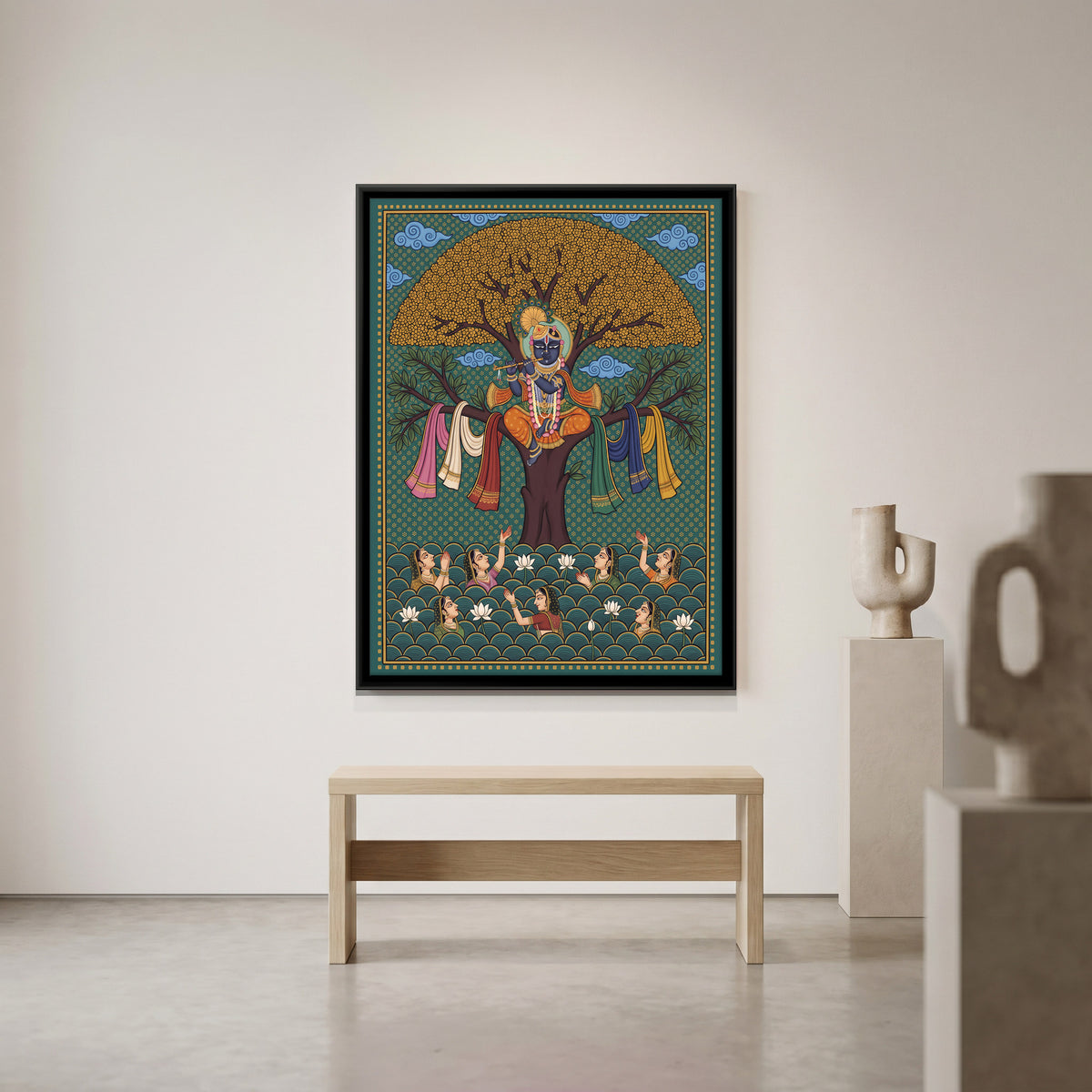 Krishna with the Gopis' Garments - canvas art shown in a second room setting