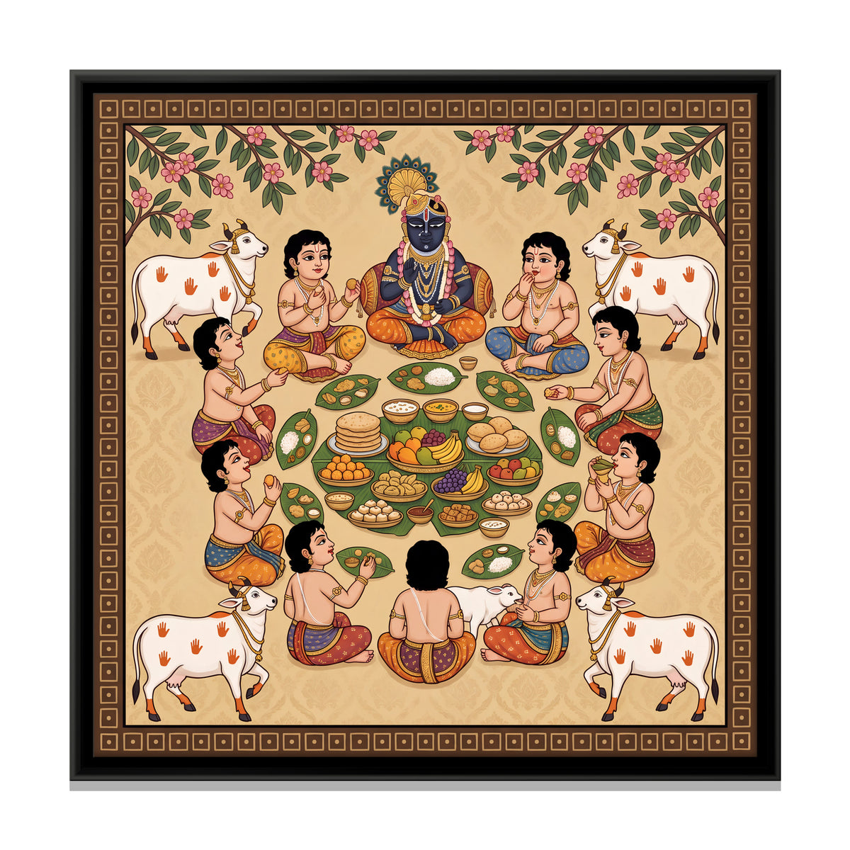 Krishna Feasting with the Cowherd Boys - framed canvas print, front view