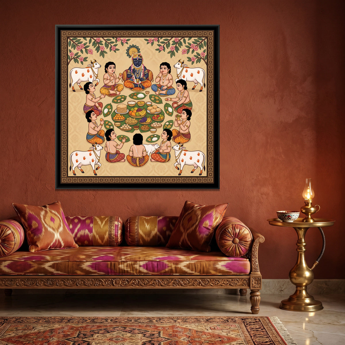 Krishna Feasting with the Cowherd Boys - canvas art shown in a styled room