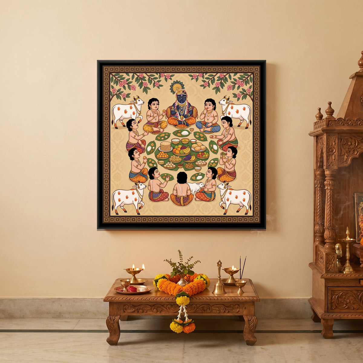 Krishna Feasting with the Cowherd Boys - canvas art shown in a second room setting