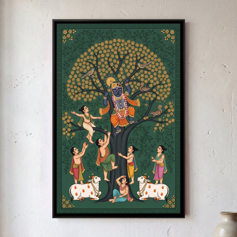 Krishna in the Tree with Cowherd Boys - framed canvas art hung on a wall