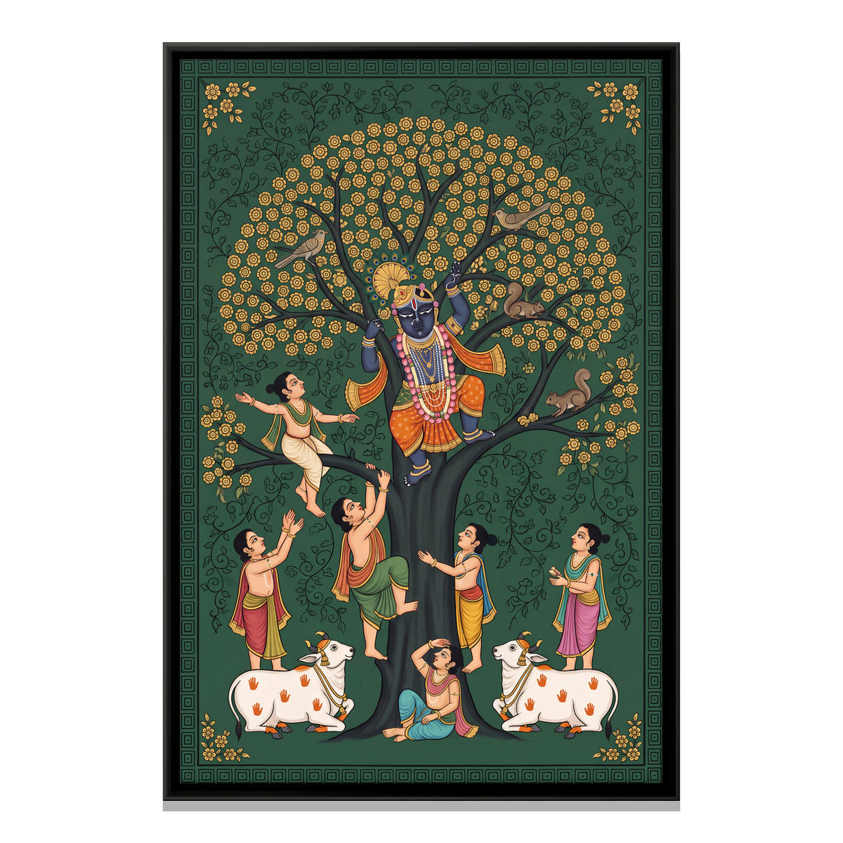 Krishna in the Tree with Cowherd Boys - framed canvas print, front view