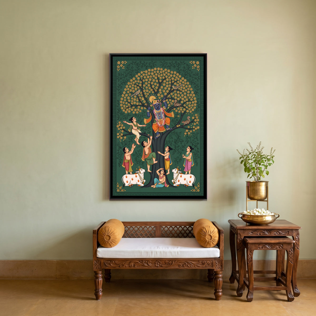 Krishna in the Tree with Cowherd Boys - canvas art shown in a styled room