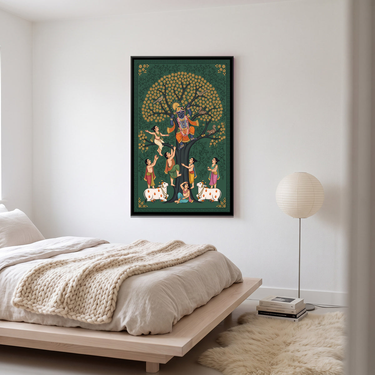 Krishna in the Tree with Cowherd Boys - canvas art shown in a second room setting