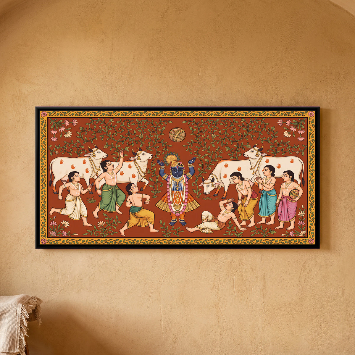 Krishna Playing Ball with Cowherds - framed canvas art hung on a wall