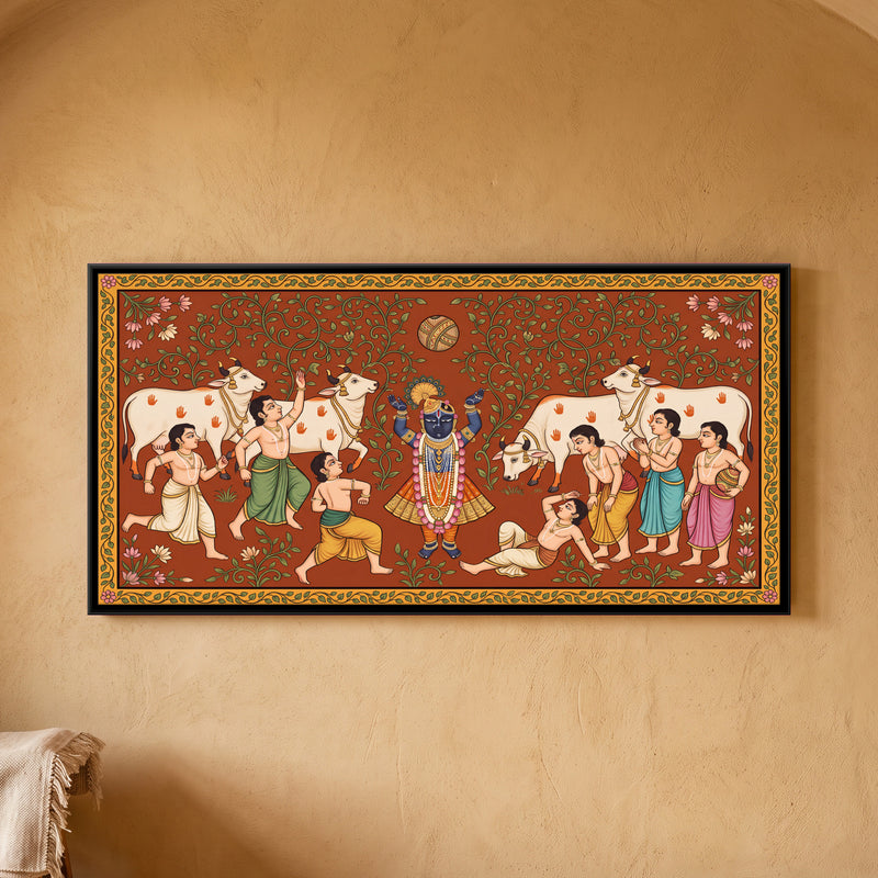 Krishna Playing Ball with Cowherds - framed canvas art hung on a wall