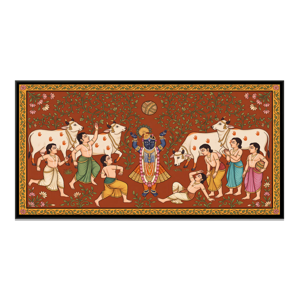 Krishna Playing Ball with Cowherds - framed canvas print, front view