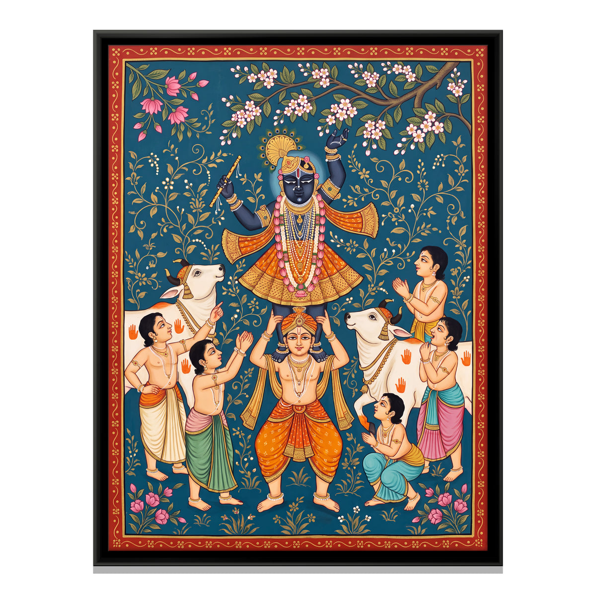 Krishna on a Cowherd's Shoulders - framed canvas print, front view