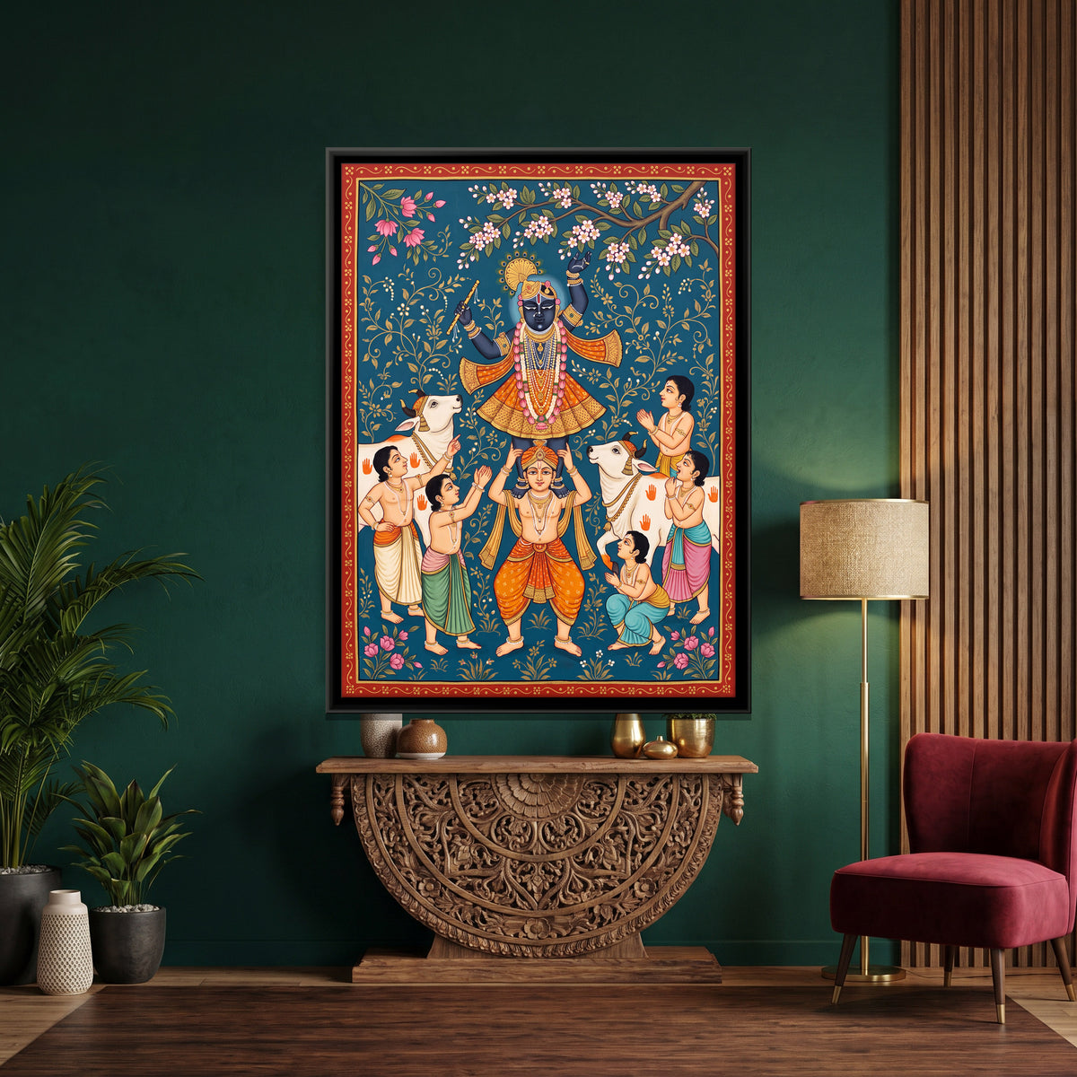 Krishna on a Cowherd's Shoulders - canvas art shown in a styled room