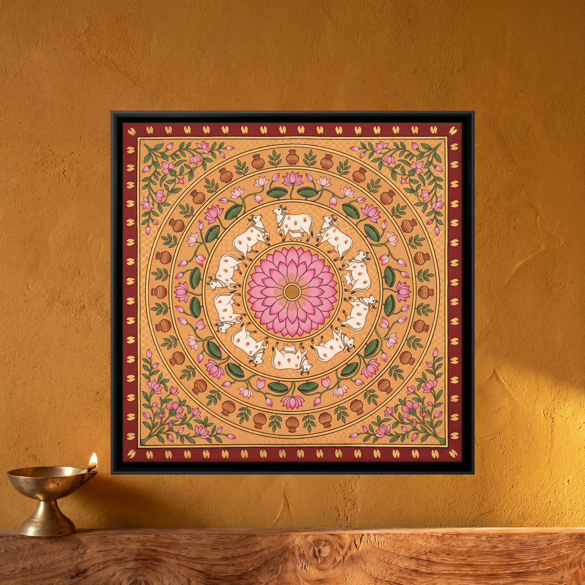 Cow Mandala with Lotus - framed canvas art hung on a wall