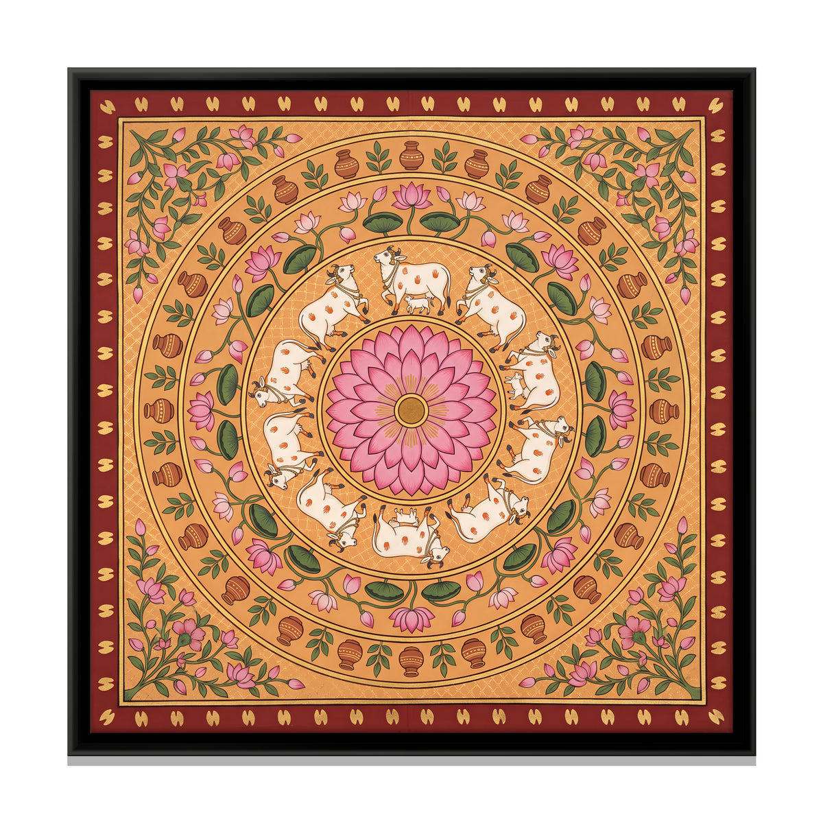 Cow Mandala with Lotus - framed canvas print, front view