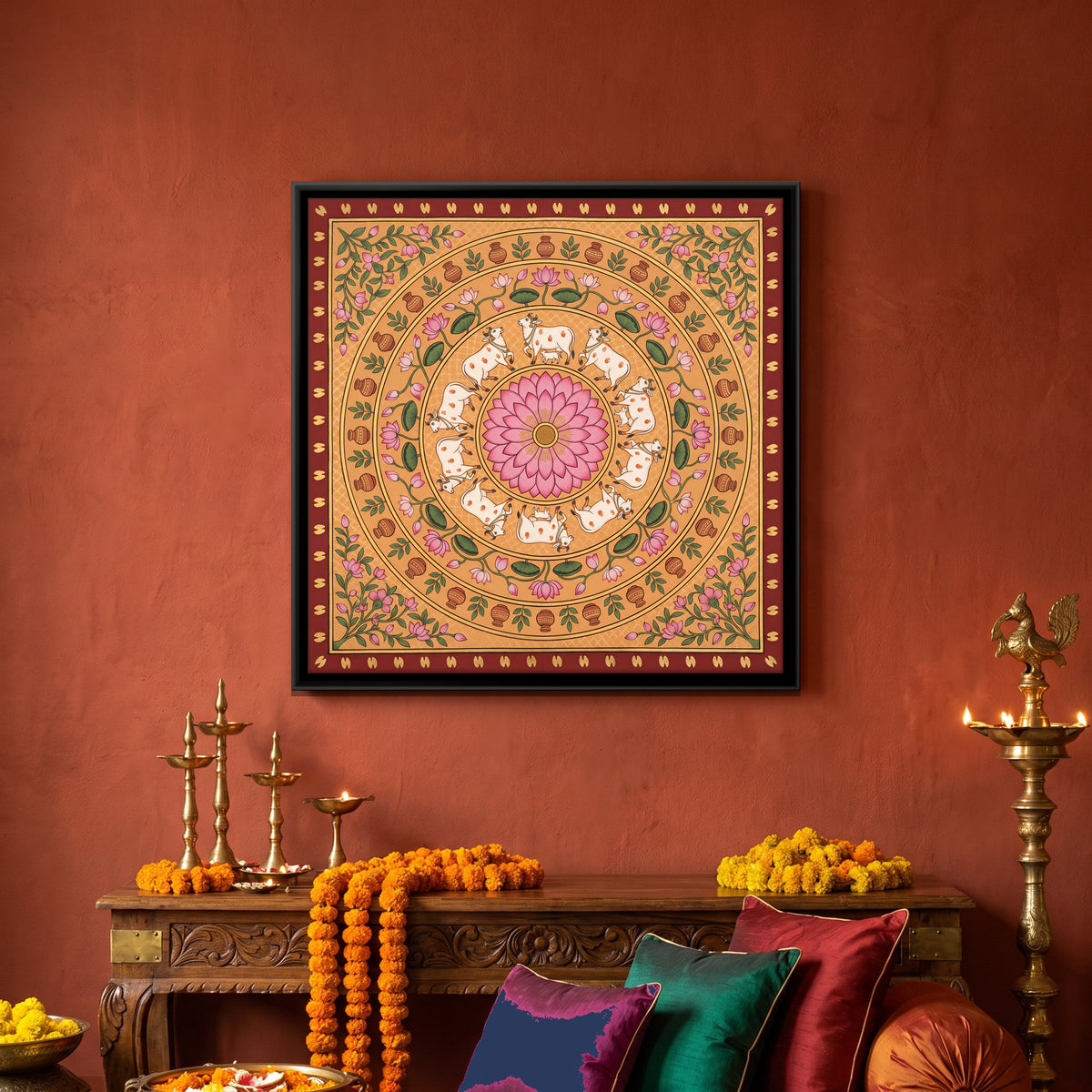 Cow Mandala with Lotus - canvas art shown in a styled room