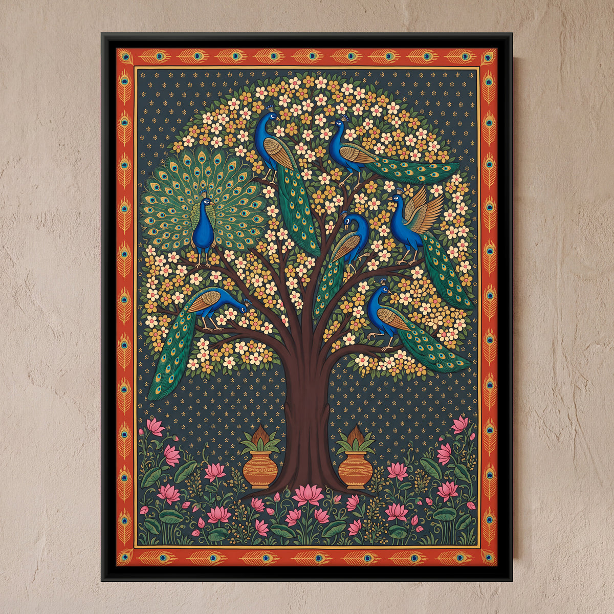Blossom Tree with Peacocks - framed canvas art hung on a wall