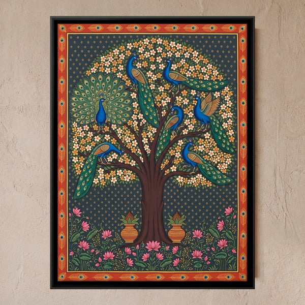 Blossoming Tree with Peacocks on a Dark Background