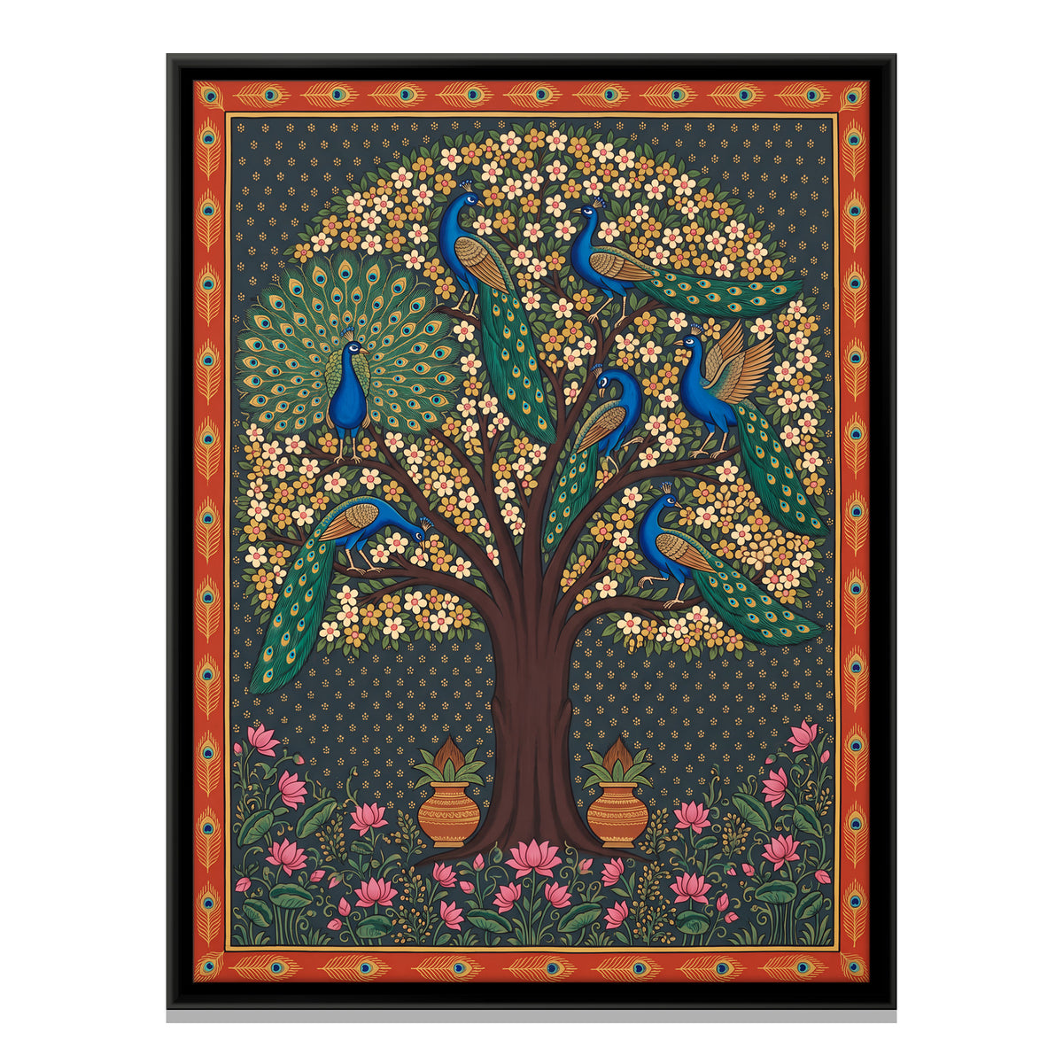 Blossom Tree with Peacocks - framed canvas print, front view