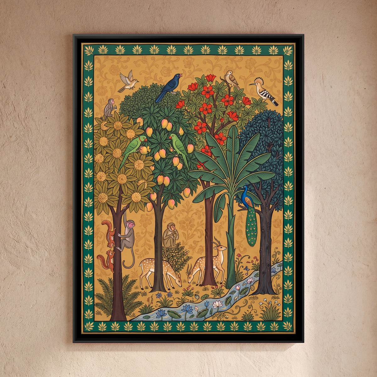 Fruiting Grove with Deer and Parrots - framed canvas art hung on a wall