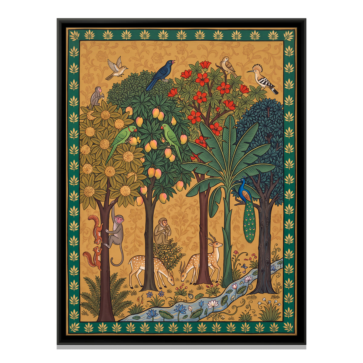 Fruiting Grove with Deer and Parrots - framed canvas print, front view