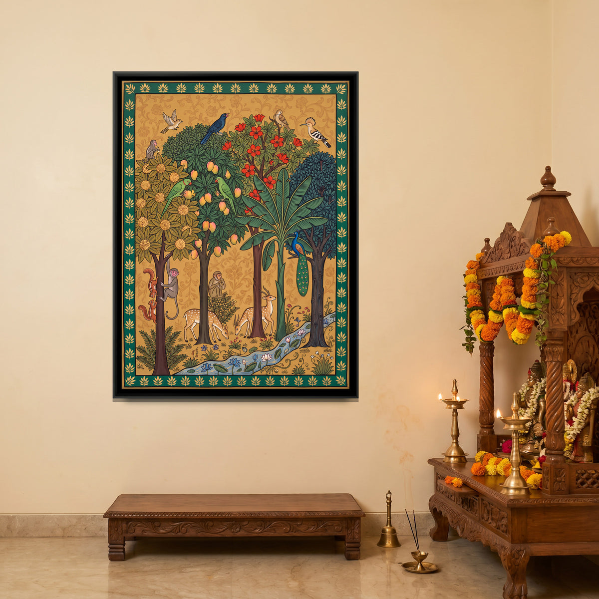 Fruiting Grove with Deer and Parrots - canvas art shown in a styled room