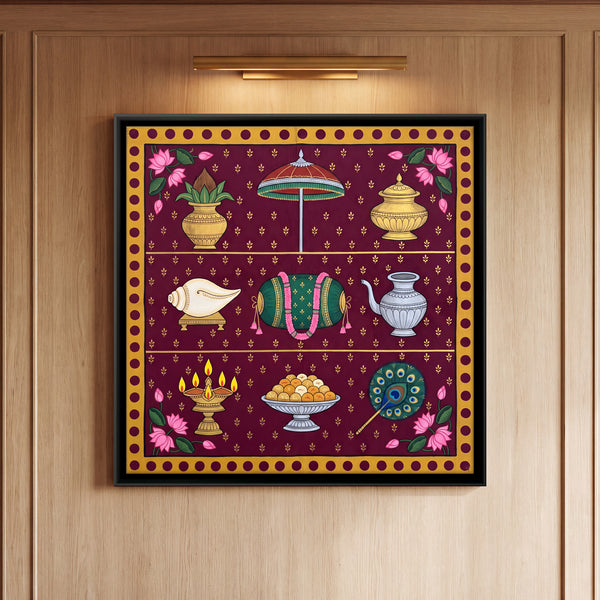 Nine Temple Ritual Offerings on a Dark Background