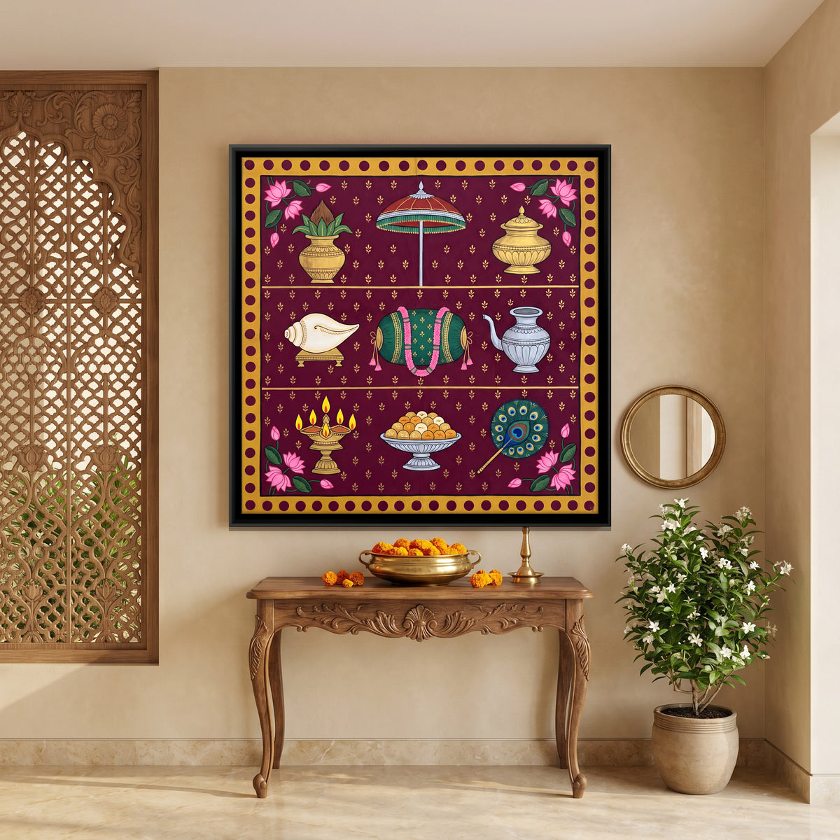 Temple Ritual Offerings - canvas art shown in a second room setting
