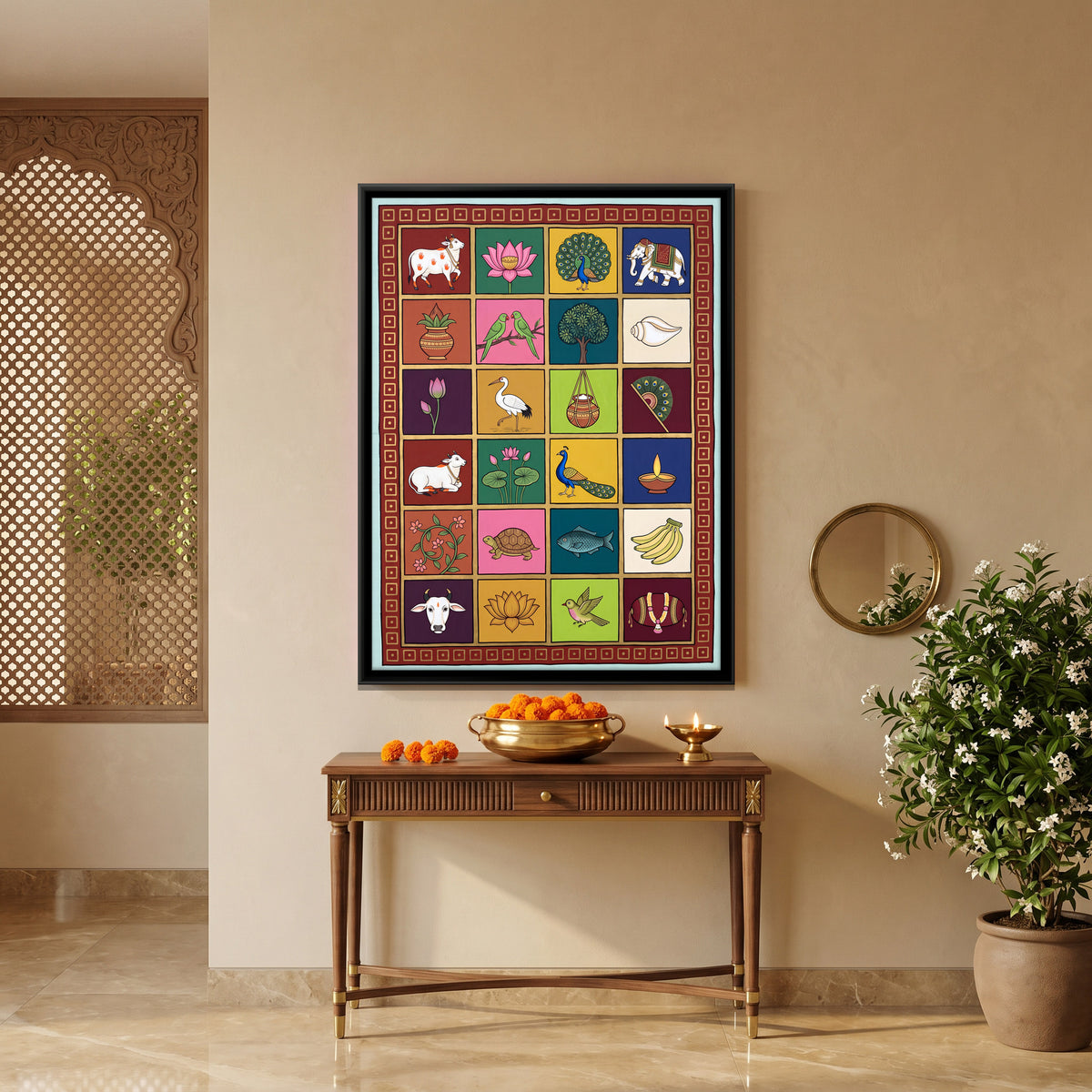 Twenty-Four Auspicious Motifs - canvas art shown in a second room setting