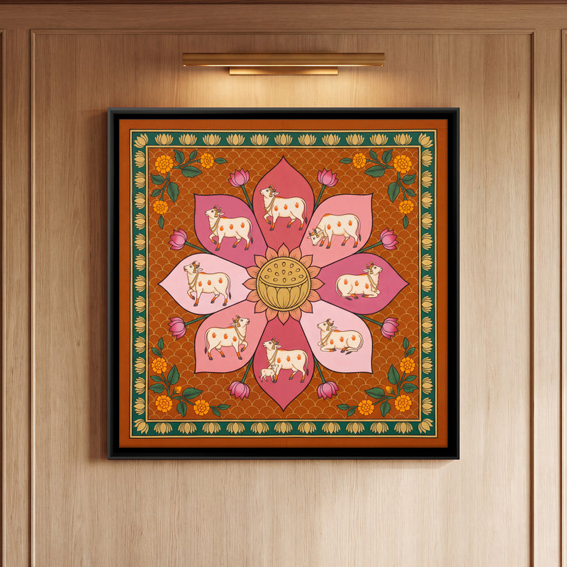 Cows on an Eight-Petalled Lotus - framed canvas art hung on a wall