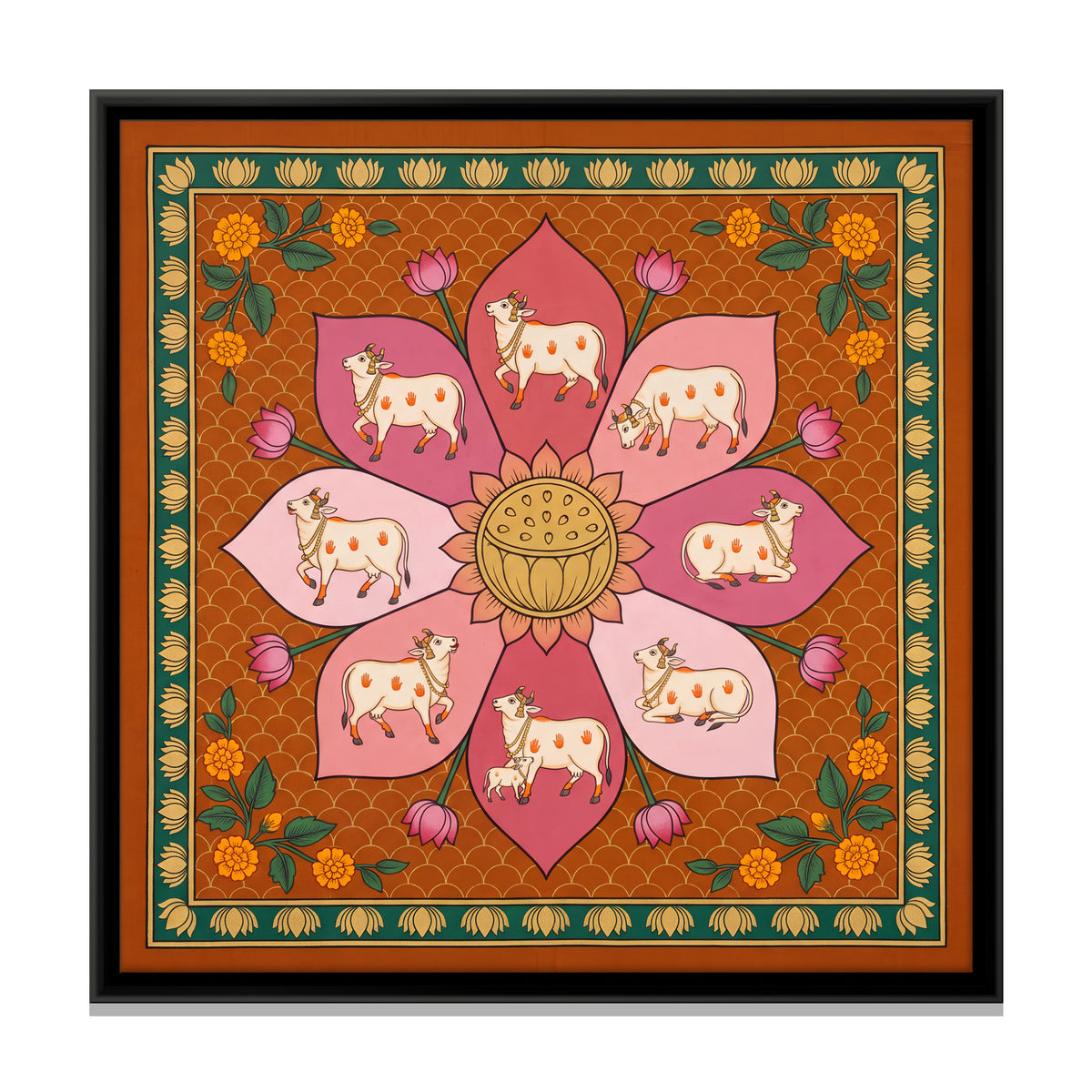 Cows on an Eight-Petalled Lotus - framed canvas print, front view